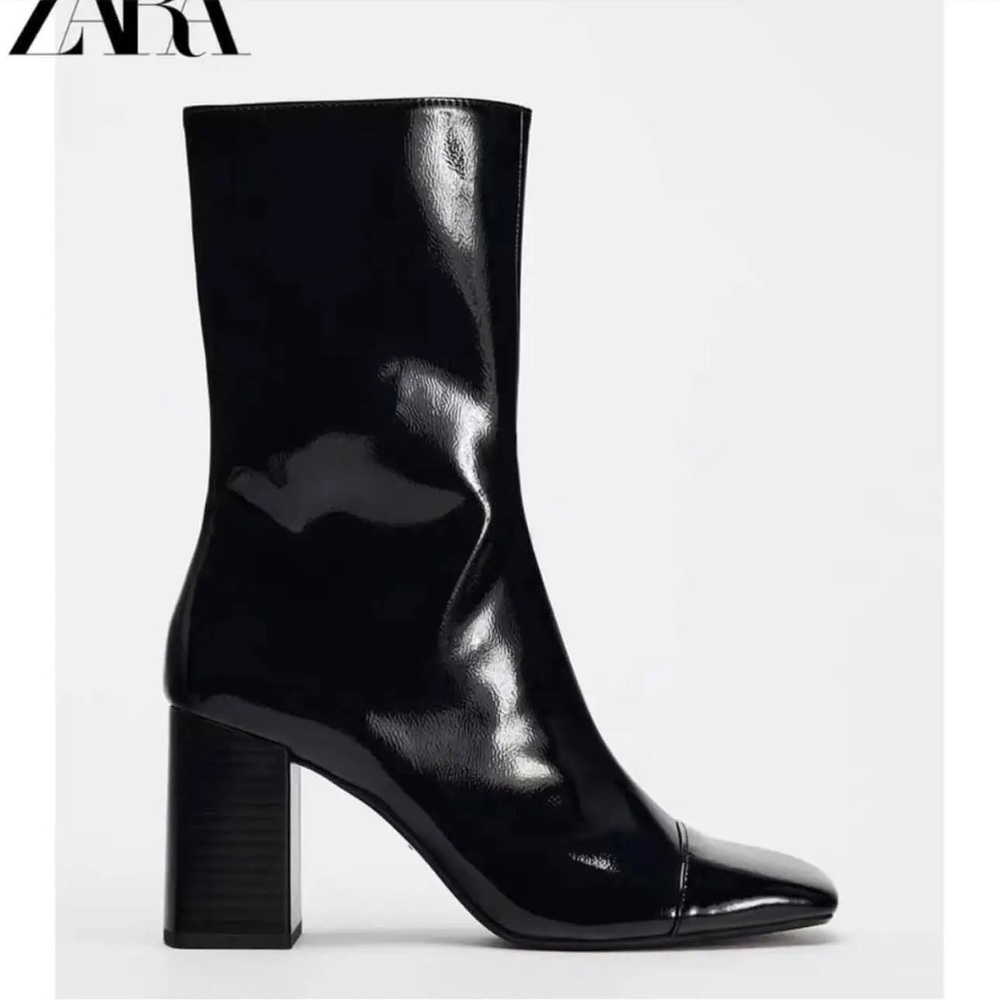 ZARA Glossy Black Mid-Calf Block Heel Boots